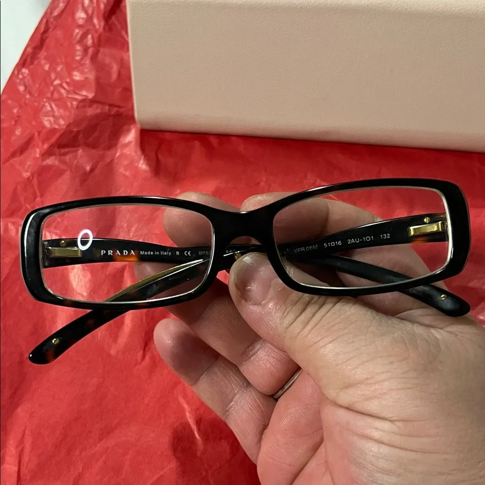 Prada Black Rectangular Women's Glasses with Gold Temples - Picture 10 of 16